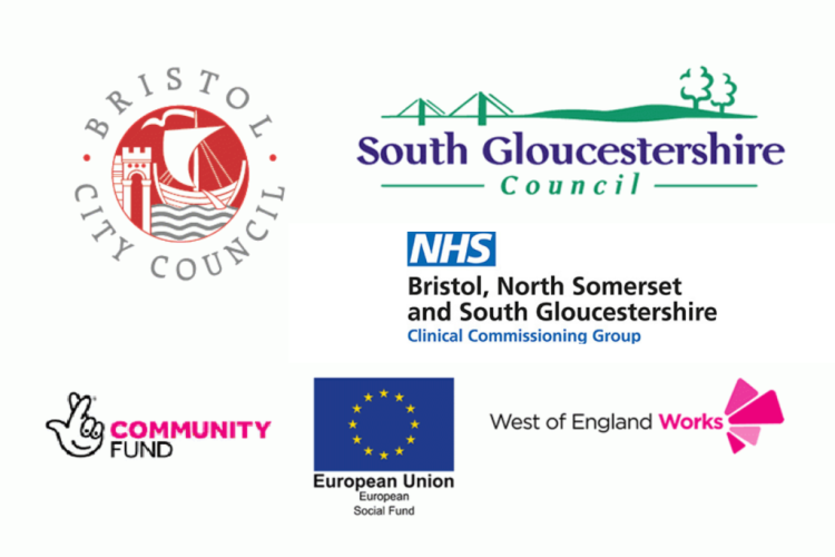 Bristol City Council logo, South Gloucestershire Council logo, Bristol, North Somerset and South Gloucestershire clinical commissioning group logo, Community Fund logo, West of England Works logo.